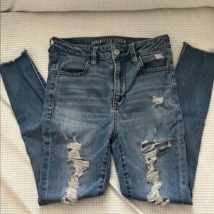 American Eagle Outfitters Blue Skinny Jeans with Distressed Details